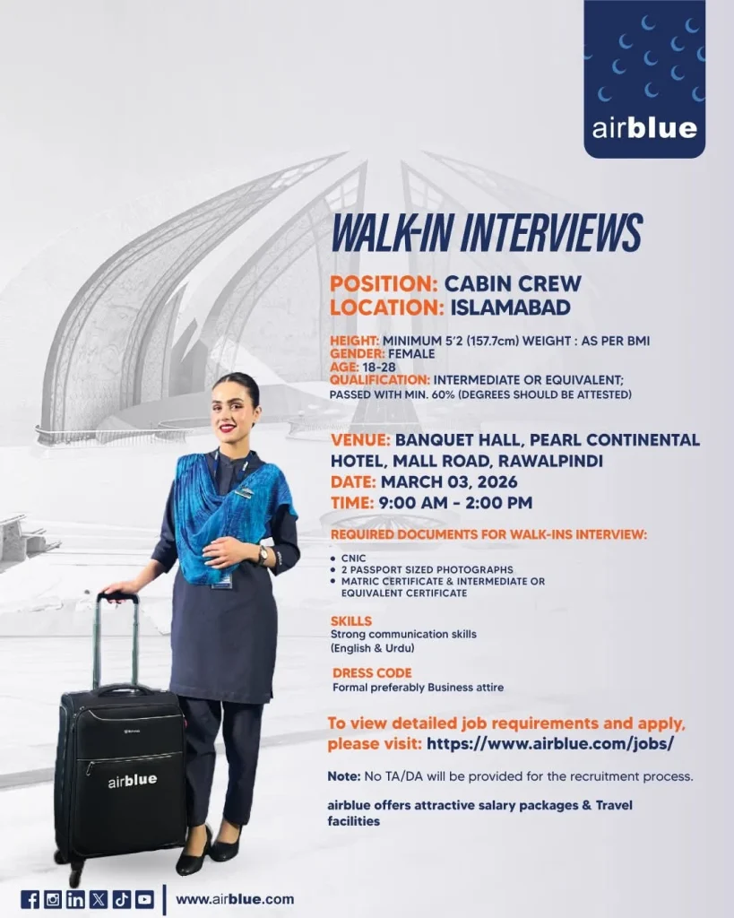 Airblue Cabin Crew Jobs 2026 Walk In Interviews Islamabad