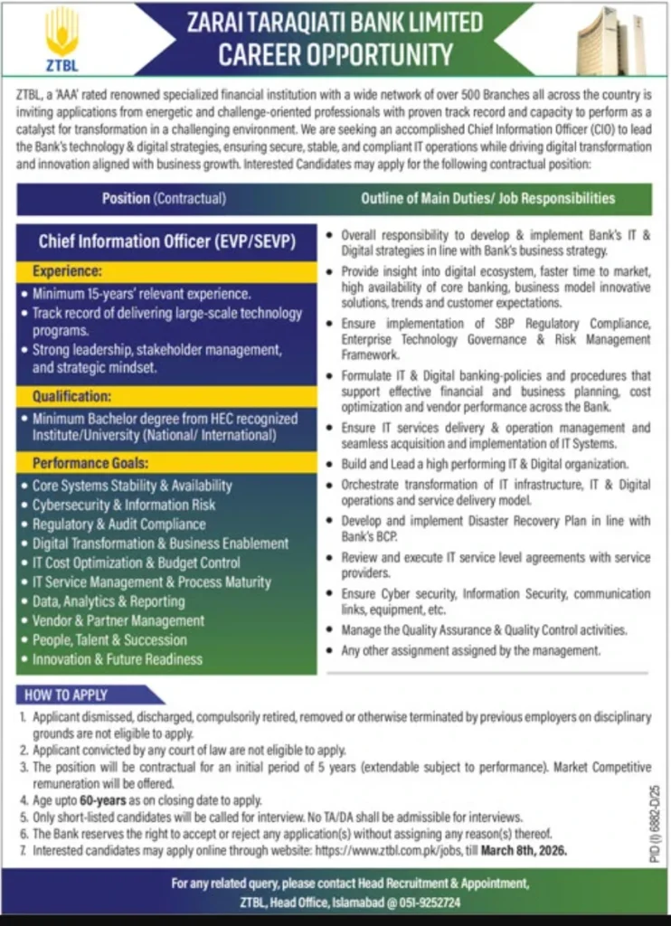 Zarai Taraqiati Bank Limited ZTBL Jobs 2026 Apply Online