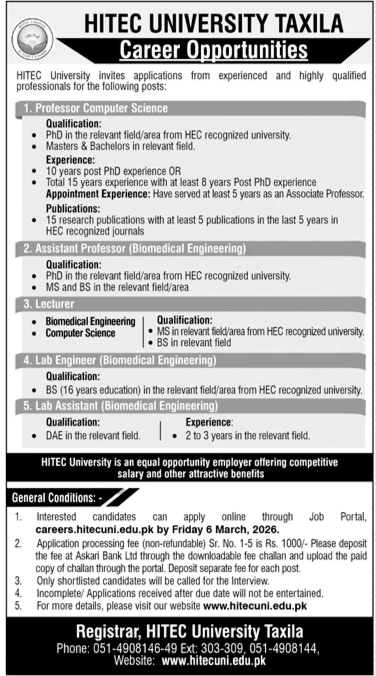 HITEC University Taxila Jobs 2026 Apply Online for Lecturers and Lab Staff
