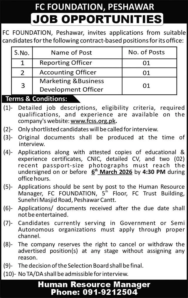 FC Foundation Peshawar Jobs 2026 Online Apply for Multiple Positions