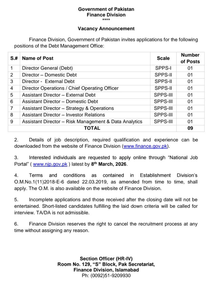 Government of Pakistan Finance Division Jobs 2026 Apply Online