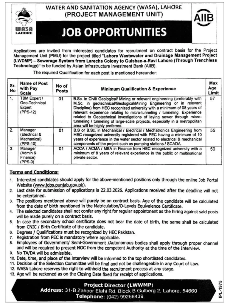 WASA Lahore Jobs 2026 Apply Online on Punjab Job Portal
