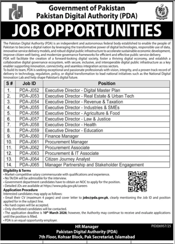 Pakistan Digital Authority PDA Jobs 2026 for Multiple Positions
