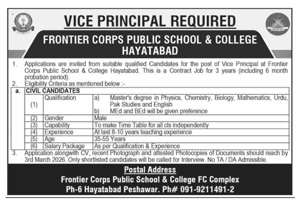 FRONTIER CORPS PUBLIC SCHOOL & COLLEGE Jobs 