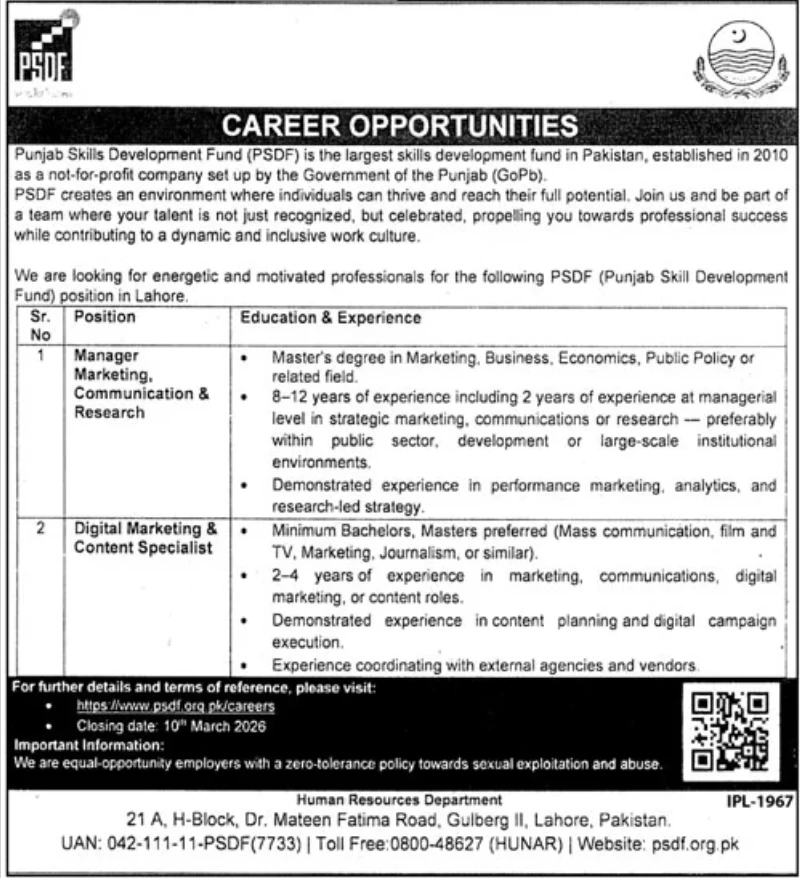 Punjab Skills Development Fund PSDF Jobs 2026 Apply Online