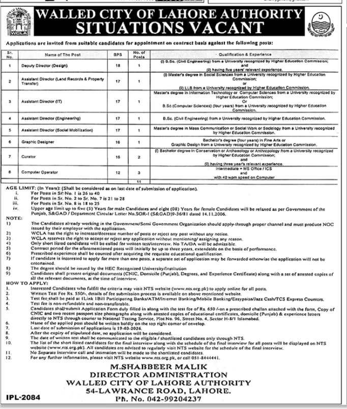 Walled City of Lahore Authority WCLA Jobs 2026 Latest