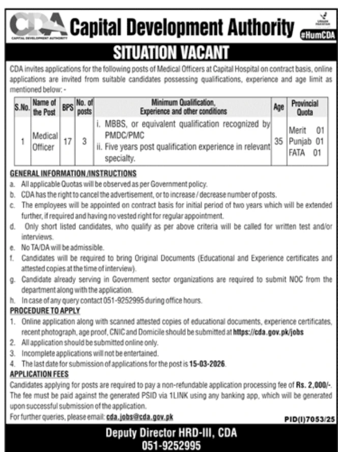 Capital Development Authority Jobs 2026 for Medical Officers at Capital Hospital