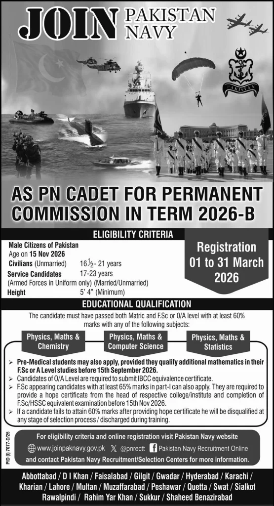 Join Pakistan Navy as PN Cadet Permanent Commission 2026