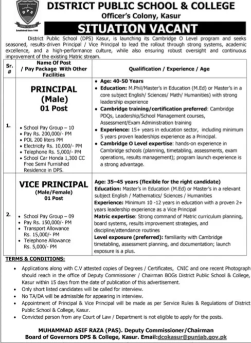 District Public School and College Kasur Jobs 2026