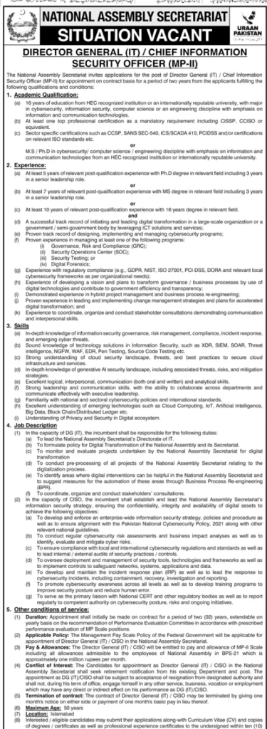 High-Level IT Leadership Opportunity at the National Assembly of Pakistan