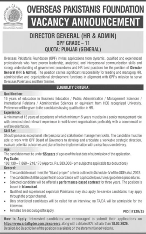 Overseas Pakistanis Foundation Jobs 2026: Apply for Director General Position