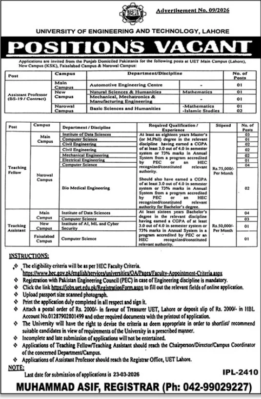 New Teaching Opportunities at UET Lahore for 2026