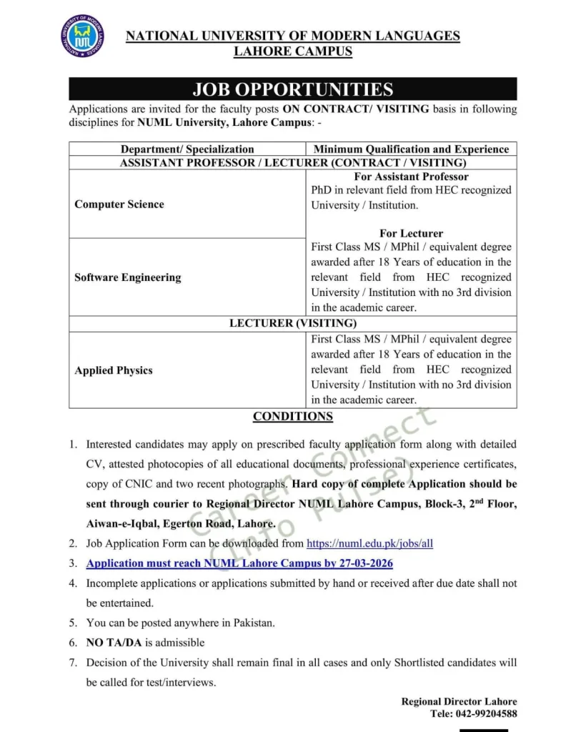 Apply for NUML Lahore Faculty Jobs 2026: A complete Guide