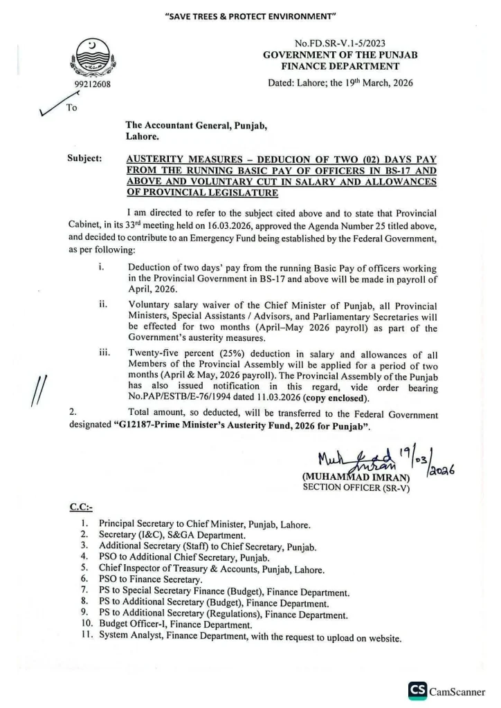Punjab Government 2-Day Salary Deduction: Official Notification