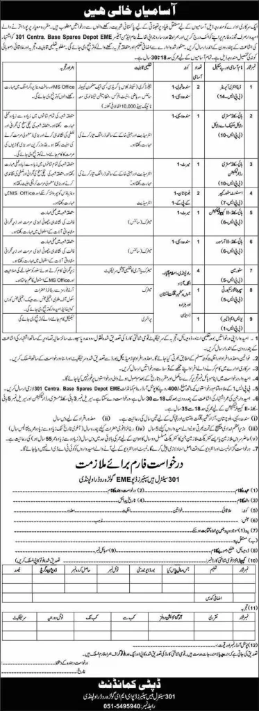 301 سینٹرل بیس سپیئر ڈپو EME راولپنڈی میں نئی سرکاری نوکریاں