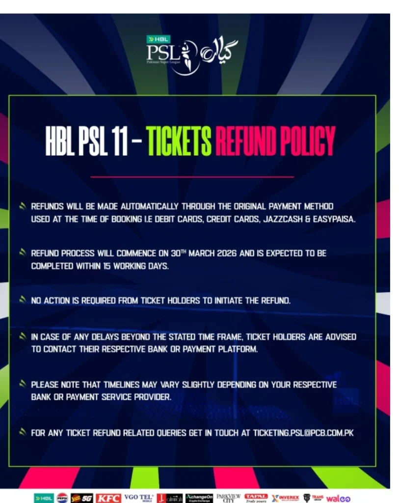 HBL PSL 11 Ticket Refund