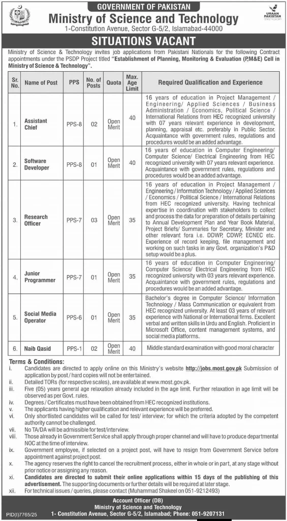 Pakistan's Ministry of Science and Technology 2026 Jobs Advertisement 
