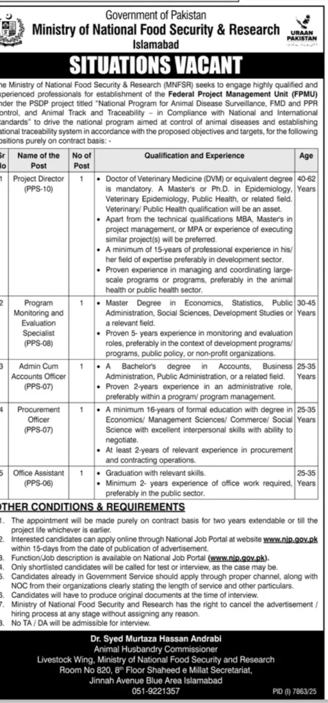 Ministry of National Food Security & Research Jobs 2026