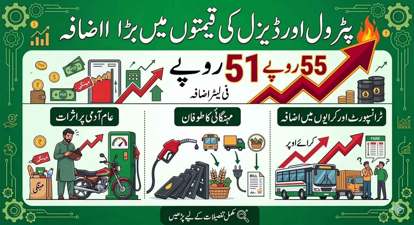 پٹرول اور ڈیزل کی قیمتوں میں 55 روپے کا بڑا اضافہ