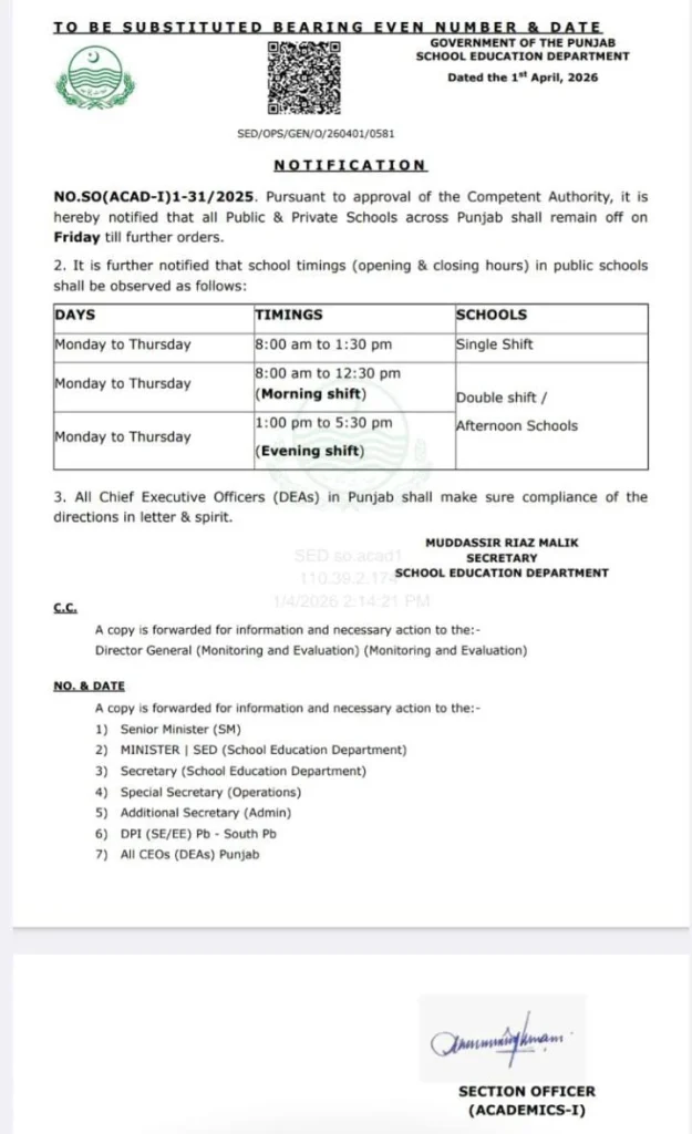 ​Punjab School Education Department Revises School Timings for All Public and Private Institutions