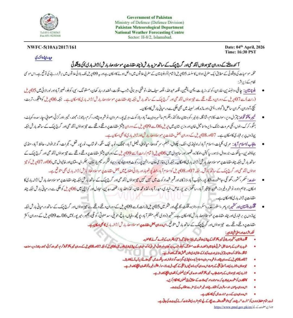 پاکستان میں طوفانی بارشوں اور ژالہ باری کا الرٹ: 5 سے 9 اپریل تک موسم کی تازہ ترین صورتحال