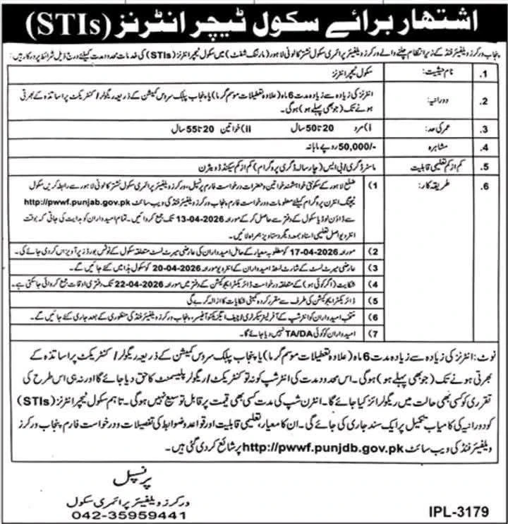New School Teacher Internship Opportunities in Lahore Advertisement 2026