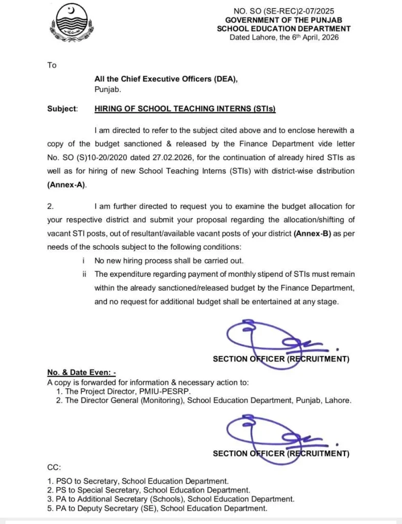 Punjab School Teaching Interns Update 2026