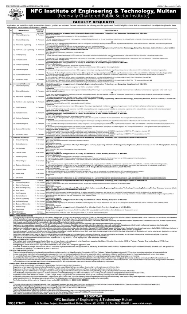NFC IET Multan Jobs 2026 Advertisement