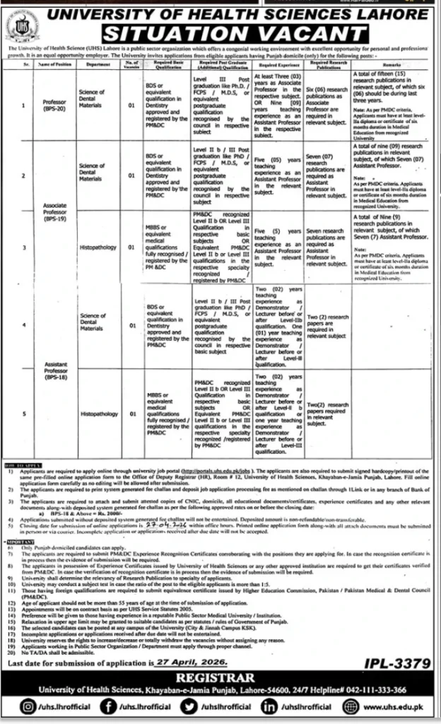 UHS Lahore Jobs 2026 official Advertisement