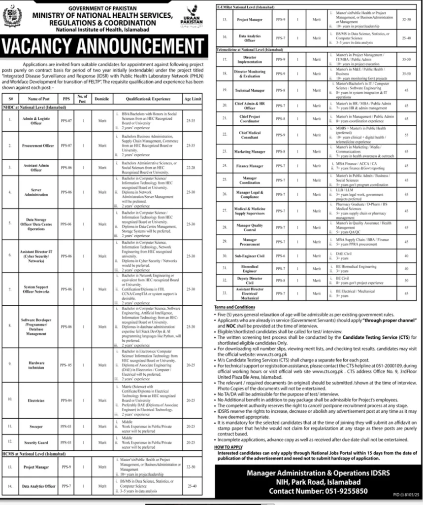 NIH Islamabad Jobs 2026 advertisement
