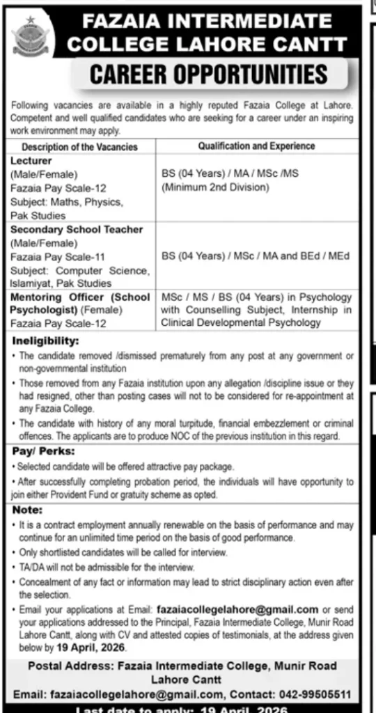 ​Fazaia Intermediate College Lahore Cantt Jobs 2026