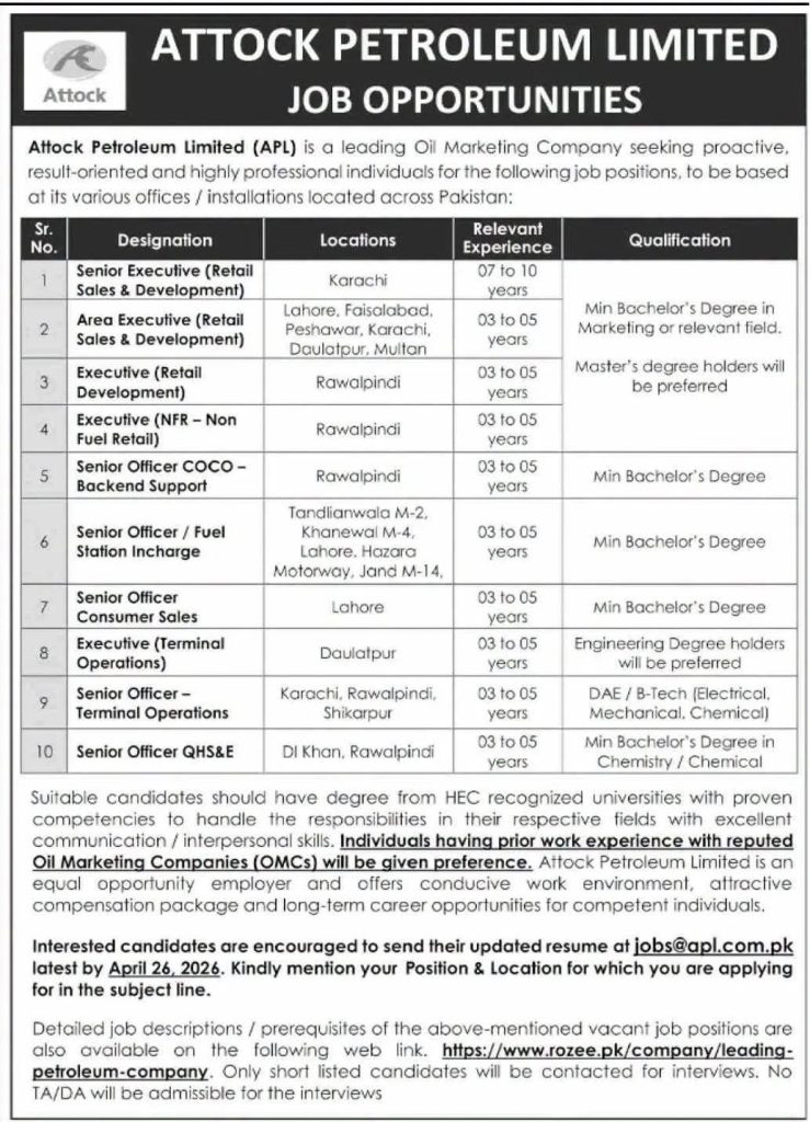 Attock Petroleum Jobs 2026 Advertisement 
